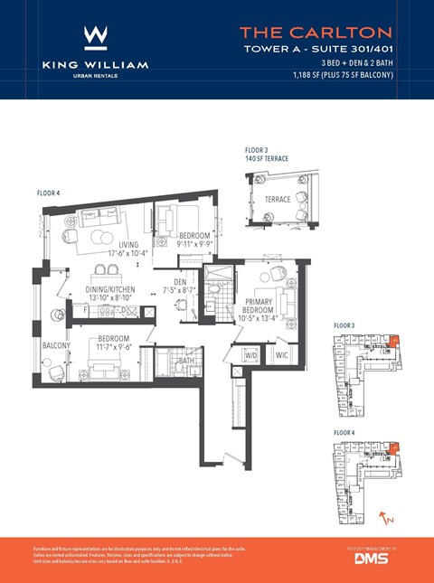 Floor plan for 3 beds, 2 baths, 1188 sqft